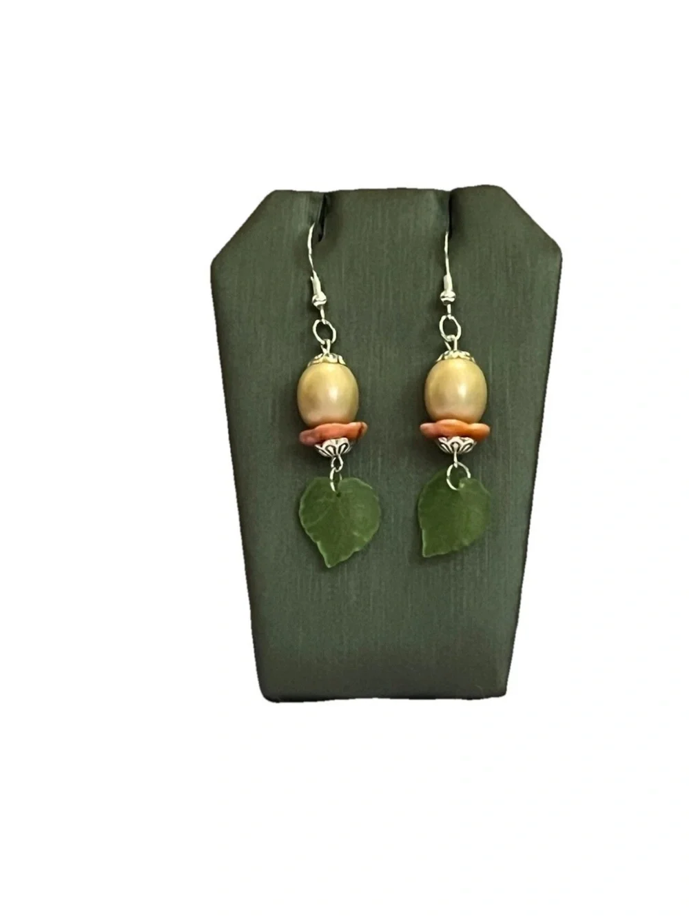 Handcrafted Green Glass Leaf Drop Earrings Floral Bead Dangle Silver Fall Vibe